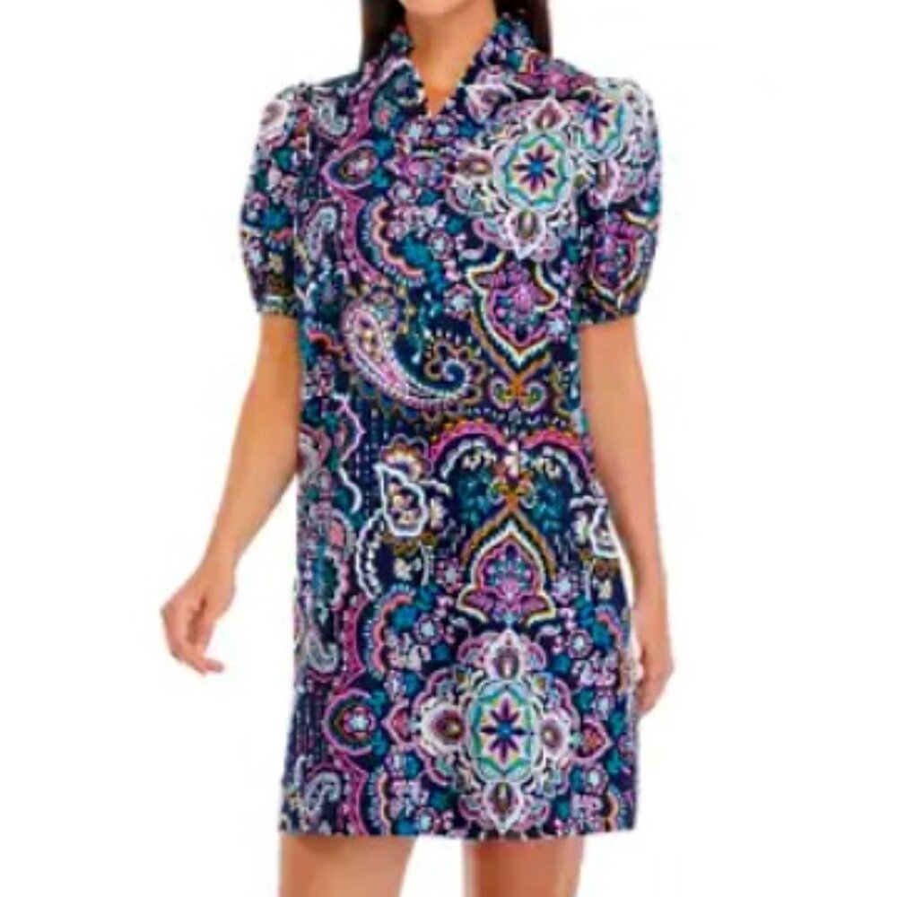 NWT Crown & Ivy™ Women's Purple Floral Puff Sleeve Printed Ruffle Neck Dress PM